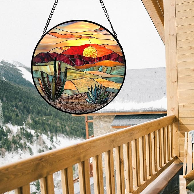Stained Glass Window Hanging, Golden Landscape Dusk Sunset Suncatcher for Doors Window Home Cactus Sun Catchers Decoration Mother's Day Birthday Gifts for Women, Men, and Mom 11.8 in