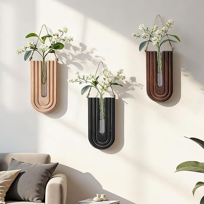 Wooden Wall Vase Set of 3, Wall Hanging Planter Modern Farmhouse Wall Decor for Boho Wall Decor for Indoor Entryway Hallway Bathroom Living Room Dining Room