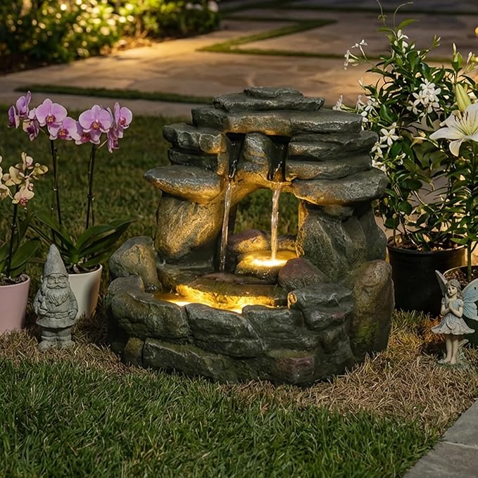 15.6" H Small Garden Outdoor Rock Water Fountain with LED Lights, 3-Tier Cascading Waterfall Fountain for Patio, Porch, Backyard & Indoor Home Decor