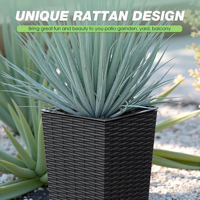 Flamaker Set of 2 Resin Rattan Planters with Tray for Indoor Outdoor, 24'' Tall Flower Pots with Drainage Holes&Inner Pot, Tapered Planters for Garden, Patio, Porch (Black, Small)