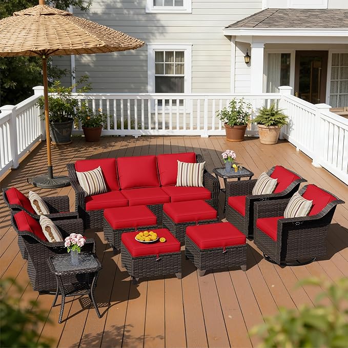 11 Pieces Patio Conversation Furniture Set - 1 Sofa, 4 Ottomans, 4 Swivel Chairs, 2 Side Tables, Outdoor Wicker Furniture with Removable Cushions for Porch, Balcony, Sunroom (Red)