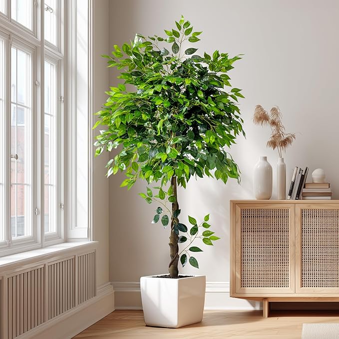 Erimda 5ft Artificial Ficus Tree for Home Decor, Faux Silk Plants Faux Plant Fake Silk Trees with Pot for Indoor House Living Room Office Garden