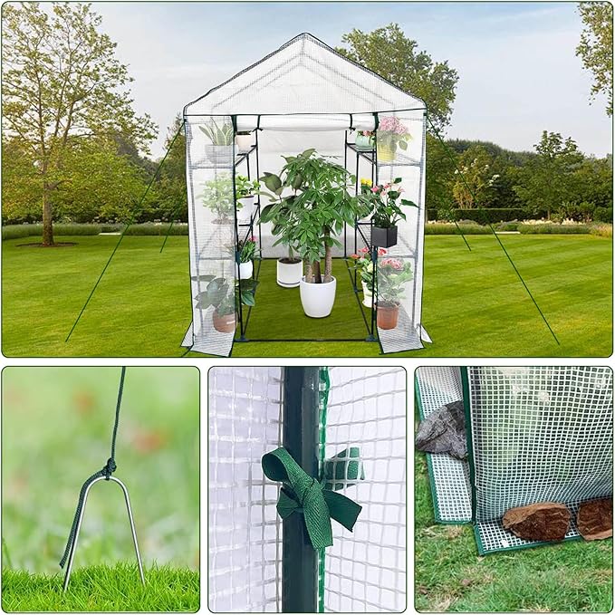 Walk-in Greenhouse for Outdoors, Small Green House Outdoor with 3-Tier Shelves, Roll-Up Zippered Door & Mesh Window, All-Season Plant House for Vegetables Herbs Flowers for Patio Backyard Gardening