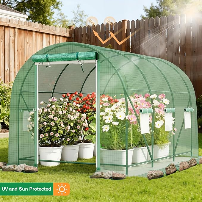 Greenhouse with Watering System, Portable Green House for Outside, Greenhouses Kit for Outdoor with Metal Frame, Thicken PE Cover (Green Cover, 9.8x6.5x6.5 FT w/ Irrigation System)