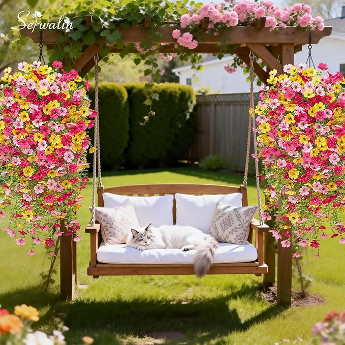 Serwalin 6PCS Artificial Fall Flowers for Outdoors Decoration, Realistic Silk Artificial Fall Hanging Flowers for Patio, Garden, Porch, Window, Outside (Yellow, Hot Pink & Pink,6PCS)