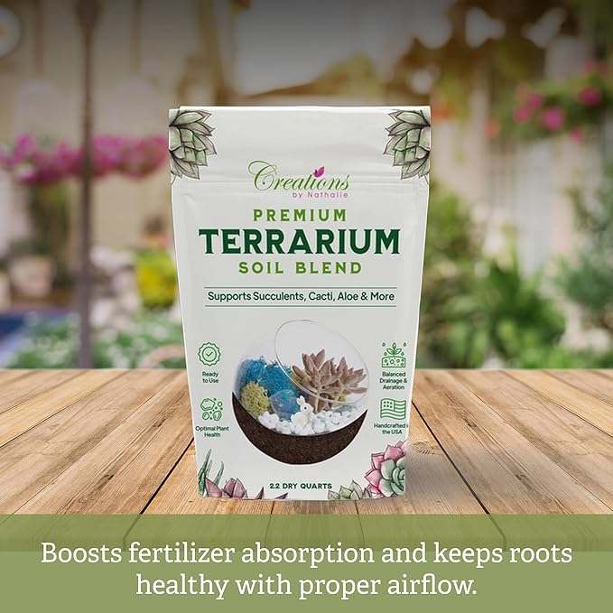 Creations by Nathalie Terrarium Soil Blend - Well Draining Potting Soil for Live Succulents, Cactus, Aloe - Terrarium Supplies, Natural Pine Bark, Peat, Coarse Sand - Indoor Planting Mix Bag