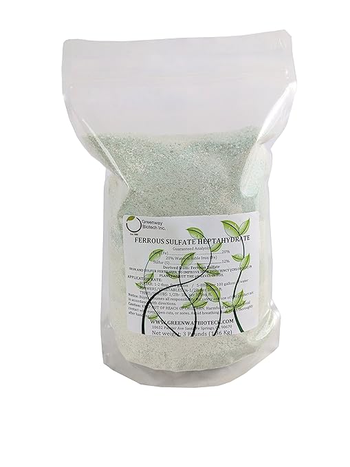 Greenway Biotech, Inc. Ferrous Sulfate Heptahydrate Fertilizer Includes 20% Iron (Fe) 12% Sulfur & 100% Water Soluble Powder- Organic Lawn Fertilizer for Vegetables and Plant Growth (3 Pounds)
