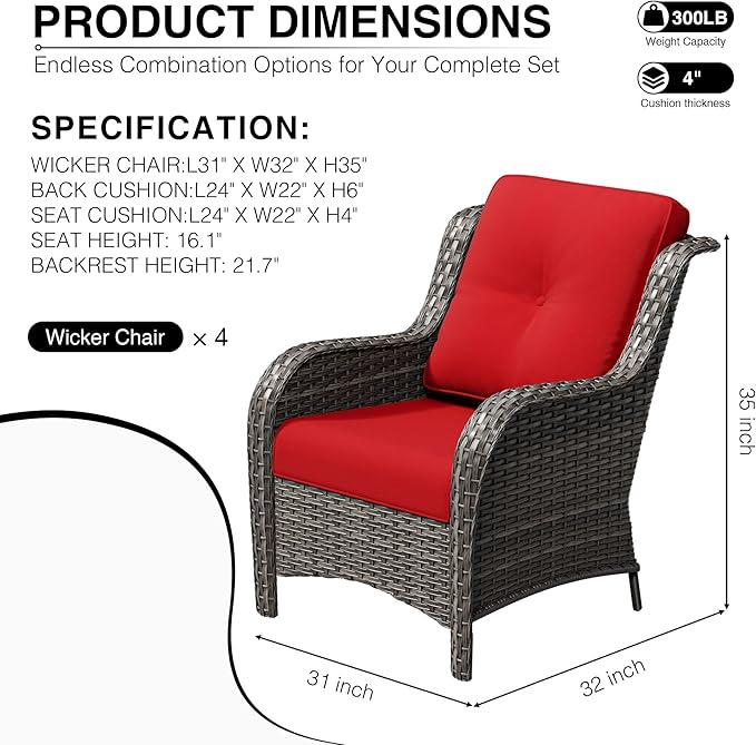 Joyside 4 Piece Wicker Patio Furniture Set, Rattan Patio Chairs with High Back, Deep Seating, Wide Armrest, Thickened Cushions, Outdoor Furniture for Deck, Porch Use