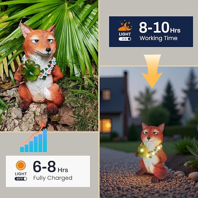 Solar Fox Garden Statue Nick Inspired 12 Inch, Resin Red Fox Figurine Led Outdoor Decor w/ Four-leaf Clover Light, Collectible Garden Guardian Yard Patio Ornaments for Spring St.Pactrick's Mom Gifts