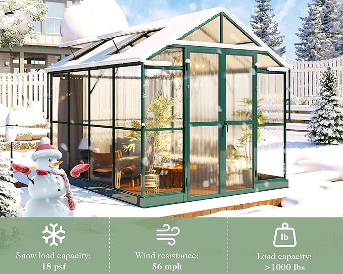 Jocisland 7.5x7.6x7.4 FT Outdoor Aluminum Polycarbonate Greenhouse with Ventilation and Rain Gutter, Double Swing Doors with Hook, Walk in Greenhouse for Outdoors, Backyard, Garden (Green)