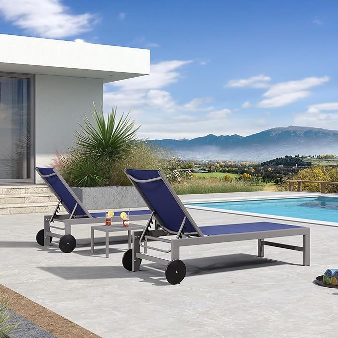 PURPLE LEAF Outdoor Lounge Chair Set for 2 Pool Lounge Chairs with Aluminum Frame and Easy-to-Move Wheels All-Weather Patio Chaise Lounger for Outside Garden Yard Poolside Table Included, Ocean Slate