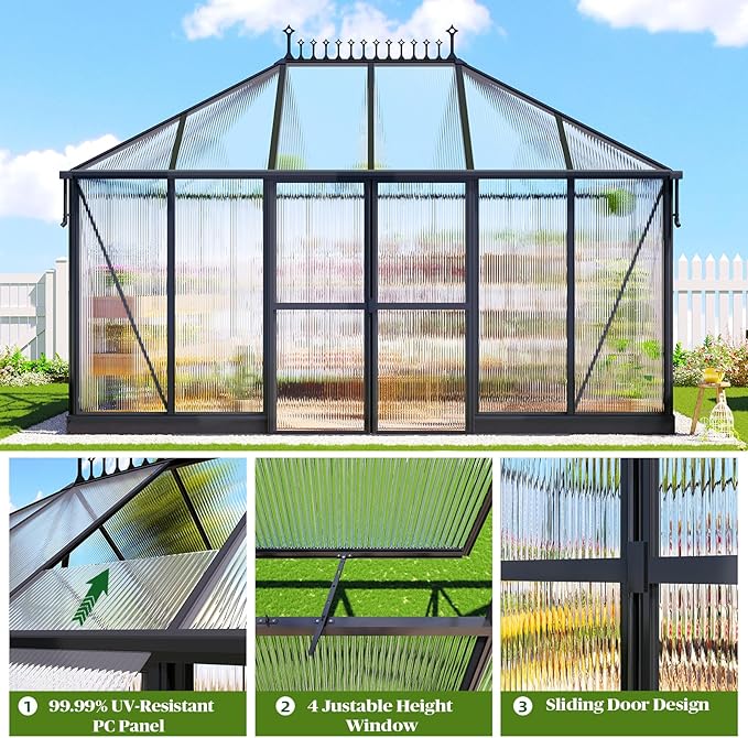 14x9.7x10 FT Polycarbonate Greenhouses for Outdoors, Large Huge Greenhouse Sunroom with 2 Adjustable Windows &Sliding Door, Walk-in Design with Aluminum Frame for Patio, Garden