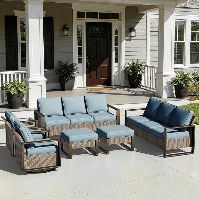 Outdoor Patio Swivel Rocker Chairs, 6 Pieces Wicker Furniture Set, 2 Swivel Rocking Chairs, 2 Sofa and 2 Ottoman, Metal Wide Armrest, Thick Cushions and Deep Seating for Garden, Backyard, Porch, Deck