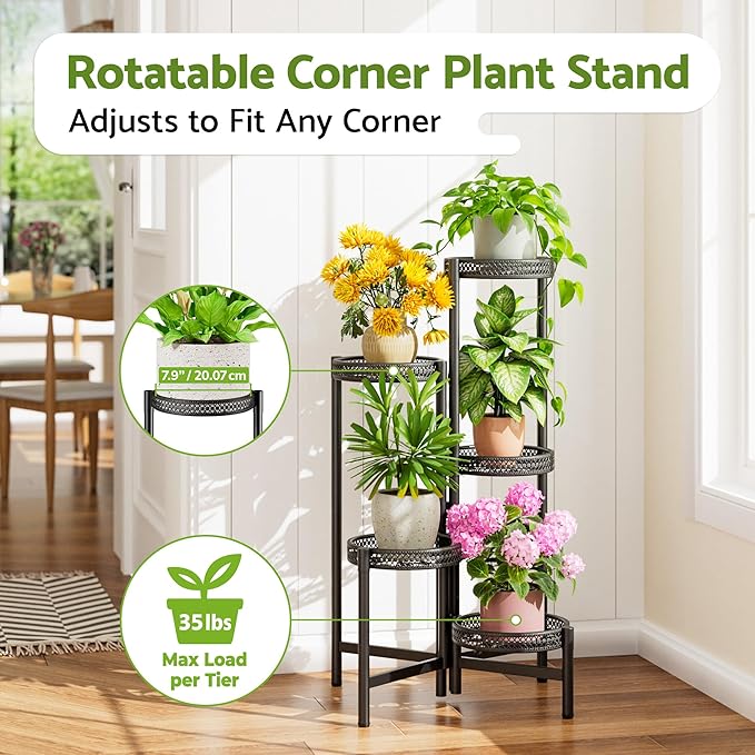 NQW Plant Stand Indoor Outdoor, 5 Tier Corner Metal Flower Display Holder Shelf, Folding Tall Rack for Patio Balcony Porch Garden Living Room House, Heavy Duty Wrought Iron Plant Shelf- BlackWave