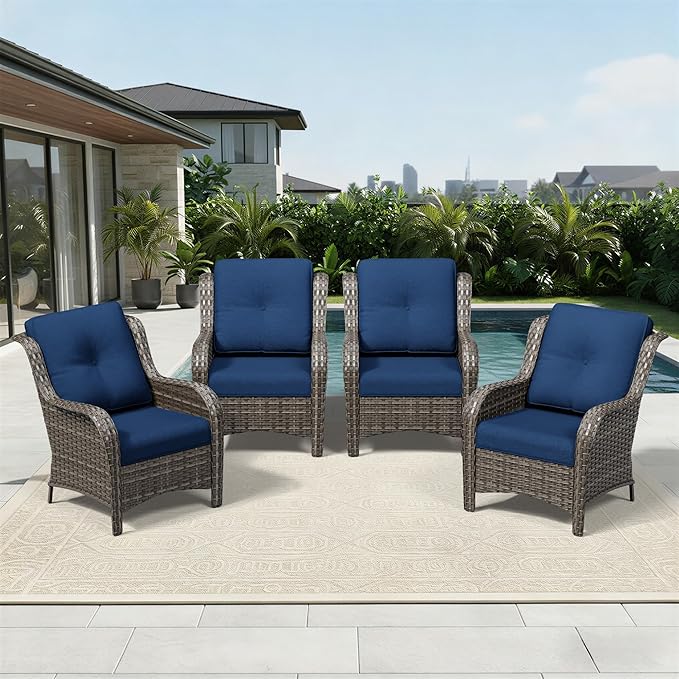 Joyside 4 Piece Wicker Patio Furniture Set, Rattan Patio Chairs with High Back, Deep Seating, Wide Armrest, Thickened Cushions, Outdoor Furniture for Deck, Porch Use