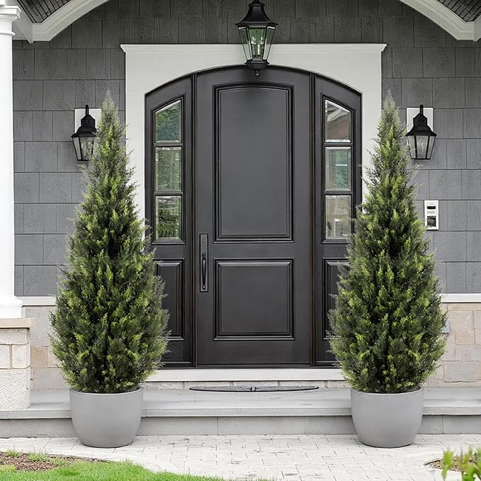ZEEOZE 5FT Artificial Cedar Topiary Trees (2 Pack) - UV Resistant Faux Evergreen Shrubs Extra Dense Foliage Realistic Fake Pine Cypress Plants Easy Assembly for Front Porch Garden Indoor Office Decor
