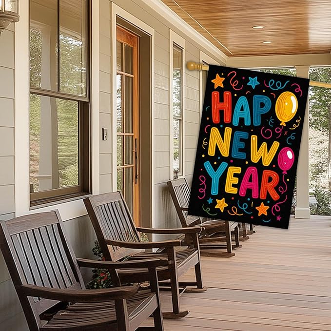 Happy New Year House Flag 28x40 Inch Double Sided Garden Flag Colorful Balloons Stars and Confetti Design Winter Holiday Yard Banner Large Outdoor Flag for Porch Lawn Home Decoration