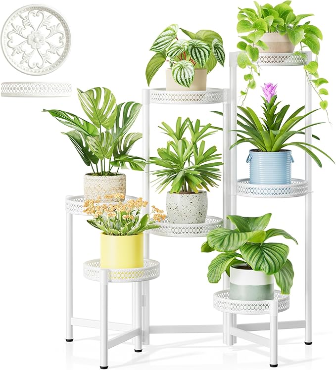 NQW 7 Tier Plant Stand Indoor Outdoor, Corner Tiered Plant Stands, Planter Display Rack for Multiple Plants, Wrought Iron Flower Stand, Folding Tall Plant Rack Shelf for House Patio Garden - WhiteWave