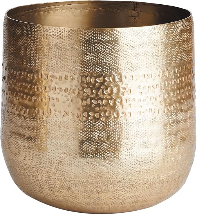 MY SWANKY HOME Elegant Classic Embossed Metal Gold Cachepot Planter Hammered Textured Round 10.5 in Indoor