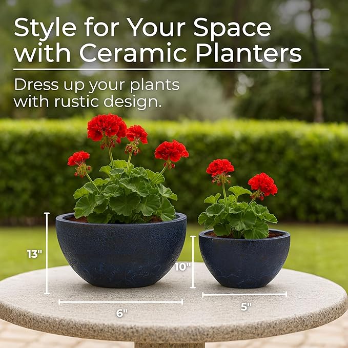 Set of 2 Ceramic & Clay Planter Pots with Stands – Textured Indoor Outdoor Plant Holders, Modern Rustic Decorative Pot Stands for Living Room, Entryway, Bedroom or Patio – 6" & 5", Deep Blue