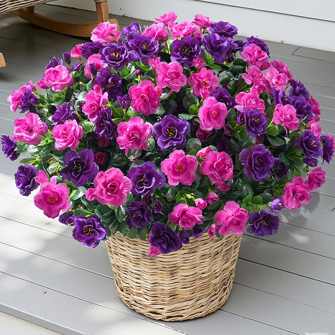 Artificial Fake Outdoor Flowers Plants, Faux Silk Camellia Bundles UV Resistant No Fade Realistic for Planter Pot Outside Porch Patio Balcony Garden Yard Home Decor, 3 Large Bundles (Purple+Fuchsia)
