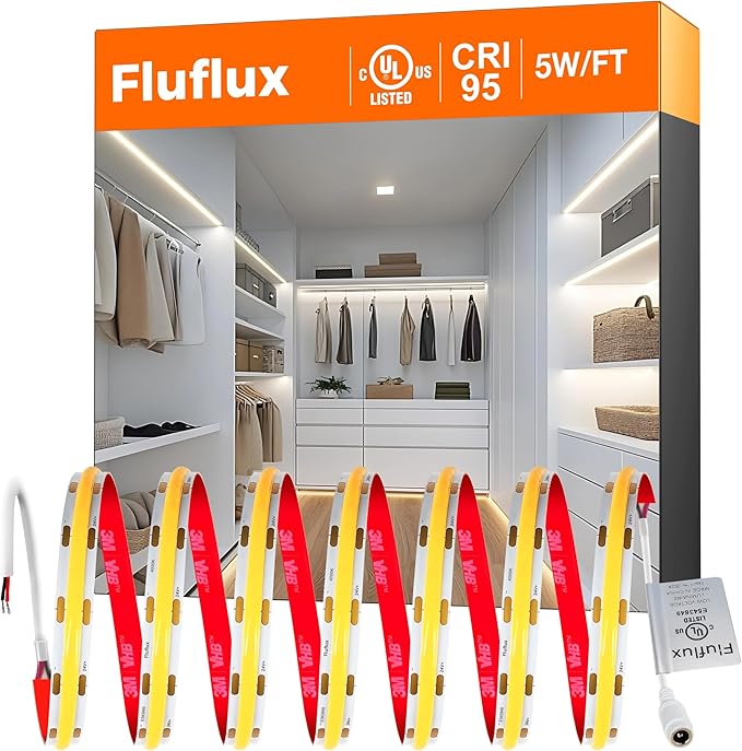 FluFlux COB LED Strip Lights 4000K, 24Volt Premium Diffused Tape Light with Strong 3M VHB Adhesive, CRI 95, UL Listed, Dimmable, 5W/FT for Accent, Ambient Lighting (Power Supply Not Included)