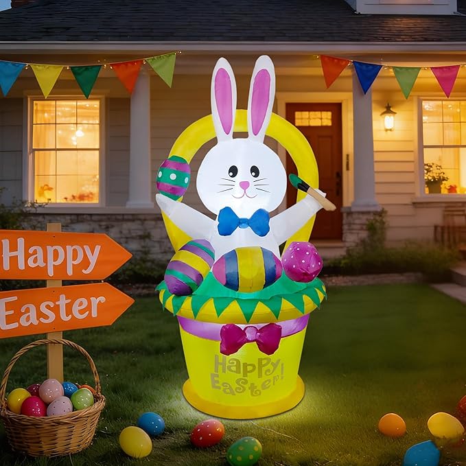 5 FT Easter Inflatable Outdoor Decoration, Inflatables Bunny with Basket and Eggs, Happy Easter Blow up Rabbit for Yard Lawn Garden Holiday Party