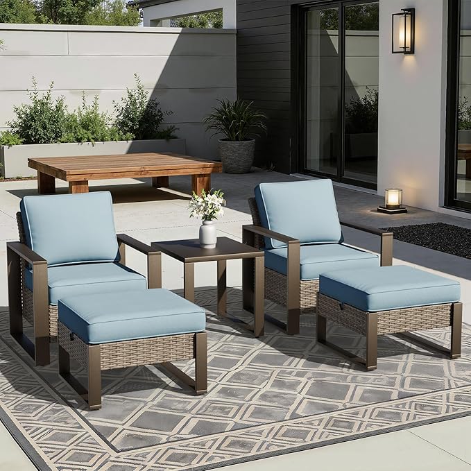 Joyside Outdoor Patio Chairs, 4 Pieces Wicker Rattan Furniture Set, 2 Patio Chairs, 2 Ottoman and 1 Table, Metal Wide Armrest, Thick Cushions and Deep Seating for Garden, Backyard, Porch, Deck