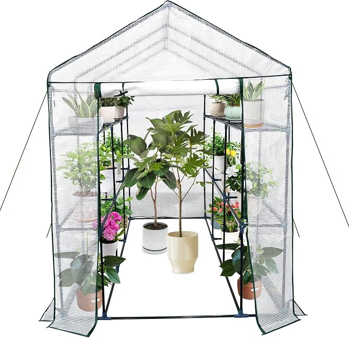 Walk-in Greenhouse for Outdoors, Small Green House Outdoor with 3-Tier Shelves, Roll-Up Zippered Door & Mesh Window, All-Season Plant House for Vegetables Herbs Flowers for Patio Backyard Gardening