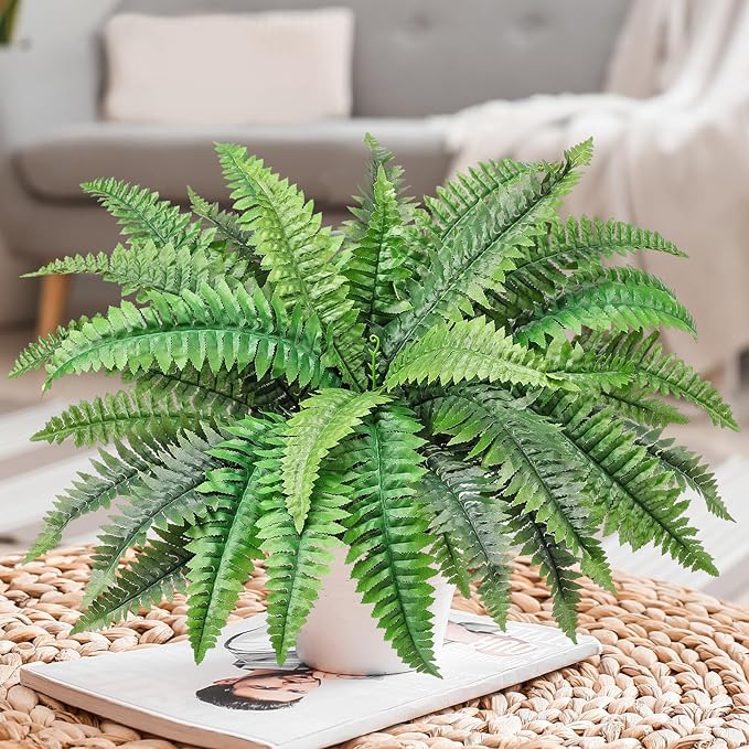 FineCheer Fake Ferns Potted Plant Faux Boston Bush in Pot Artificial Greenery Fern Plant for Spring Summer Patio Garden Farmhouse Windowsill Entrance Porch Office Living Room Decor(34 Leaves)