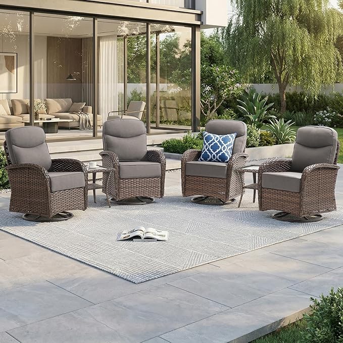 Outdoor Swivel Rocking Chair Patio Set (6PCS), High-Back - Thick Cushion Swivel Rocking Chair Patio Set, All-Weather Wicker Patio Furniture Set, Suitable for Balcony Patios, Brown/Gery