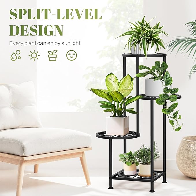 YOCOMEY 4 Tier Plant Stand Outdoor Indoor, Metal Flower Shelf Display Holder, Multiple Plants Corner Tall Flower Holders for Patio Balcony Porch Garden Living Room (Black)