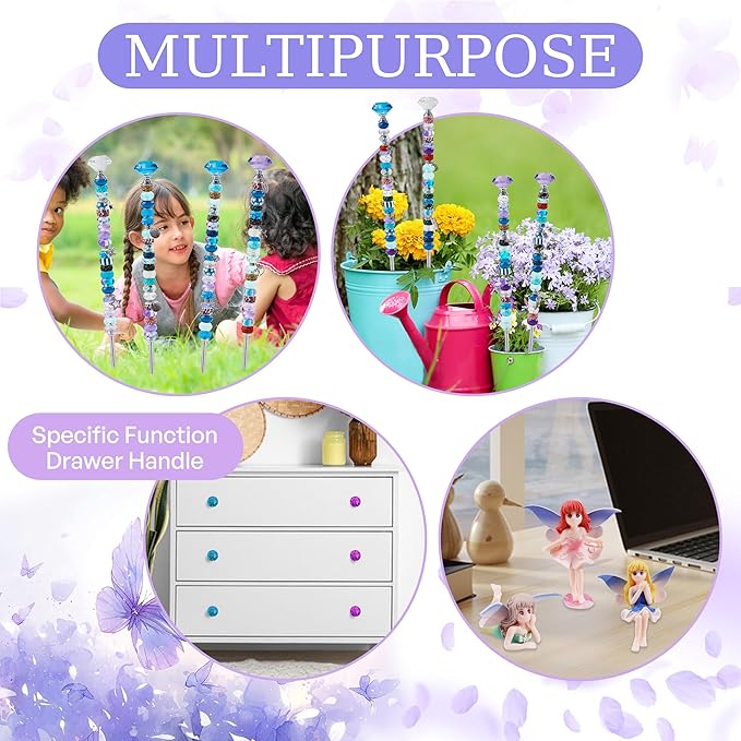 200+ Pcs Beaded Garden Stakes, DIY Fairy Wand Garden Stake Beads Kits with 160 Colorful Round Large Hole Beads with 8 Crystal Stopper Top, 8 Threaded Rod and 3 Garden Fairy for Outdoor Decoration