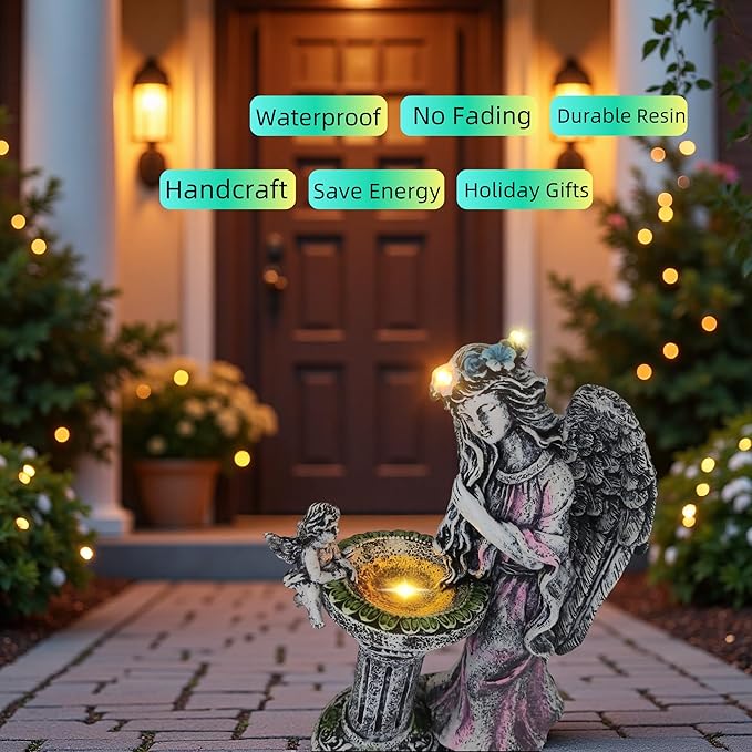 Evursua Garden Angel Decor 12 Inch Solar Fairy Outdoor Statue with Fountain Light Color Changing, Solar Lights Yard Decoration for Front Porch Flowerpot Patio Ornaments, Home Decor Gifts for New Year