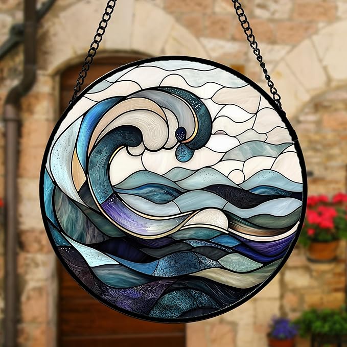 DASTOLL Stained Glass Window Hanging, Ocean Waves Sun Catchers Diamond Glass Panel Hangings Abstract Suncatcher Decor for Birthday for Women, Men, Wife, Aunt, and Mom 6.3 in