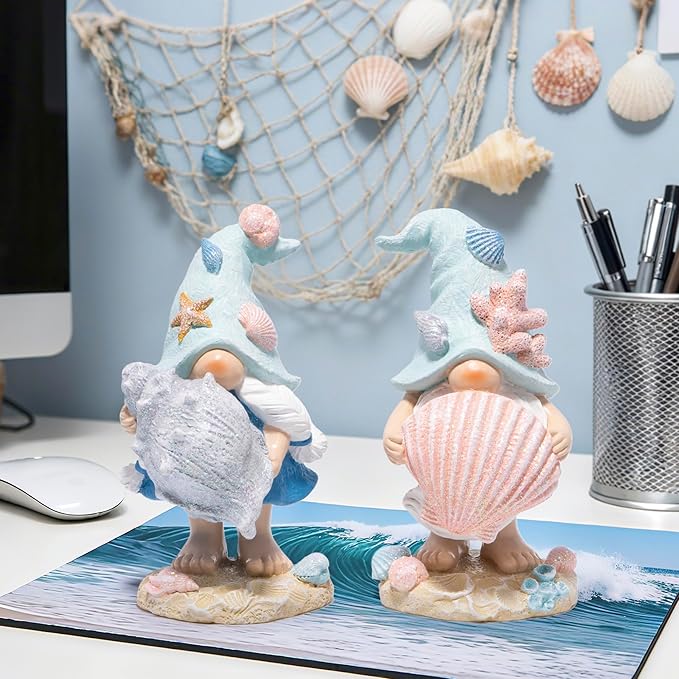 Hodao Ocean Elf Figurines with Seashell & Conch – Coastal Nautical Beach Elf Decor for Coastal Living Room, Ocean Themed Home Tabletop Decoration, Gift for Retirees & Ocean Enthusiasts (Blue-Grey)