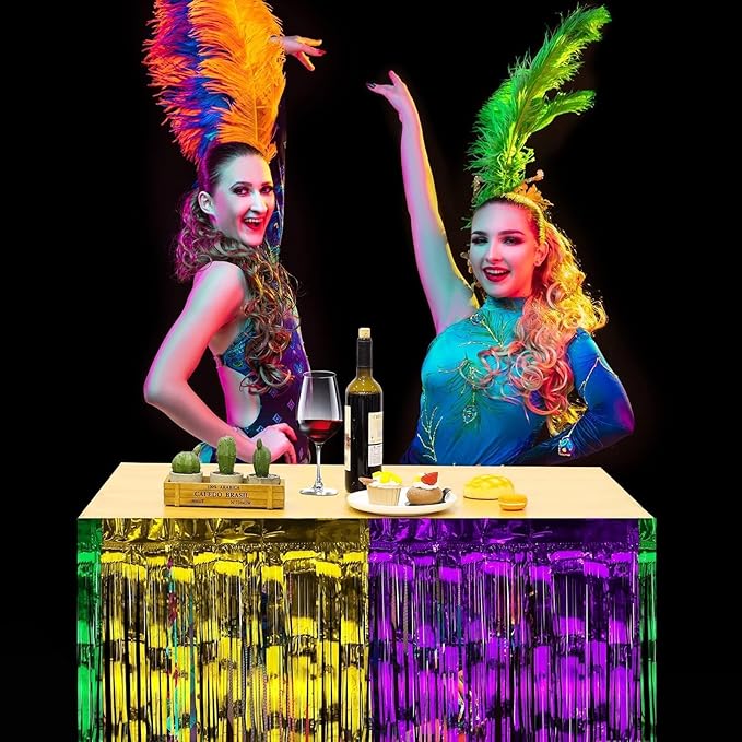 ADXCO 2 Pack Mardi Gras Table Skirts Party Decorations Metallic Foil Fringe Disposable Tinsel Table Skirt Gold Green Purple Banner Garland, 29 x 106 Inches