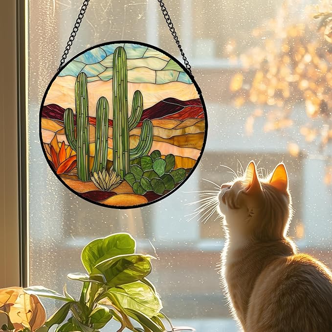 JOSUMALY Stained Glass Window Hanging, Green Cactus Sun Catcher for Door Terrace Garden Home Decor, Abstract Desert Landscape Suncatcher Birthday Gifts for Lovers Women Men Dad Mom Nana 15 in