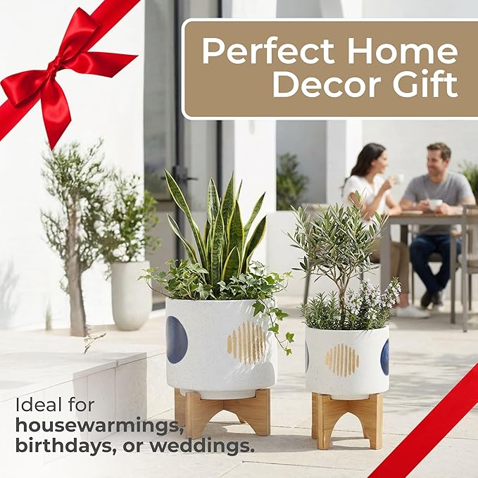 Ceramic Planter Set with Bamboo Stand – Plant Stand Indoor For Everyday Greenery, Living Room or Patio, Geometric Design Planter with Stand For Sculptural Home Decor Display – 11" 7", White