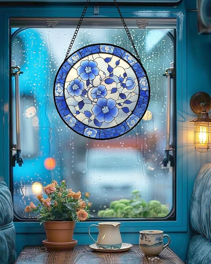 AMDERVEN Stained Glass Window Hanging, Blue and White Plum Blossom Sun Catcher for Door Home Decor Flowers Suncatcher Christmas Mother's Day Birthday Gifts for Women Men Mom and Nana 9.8 in