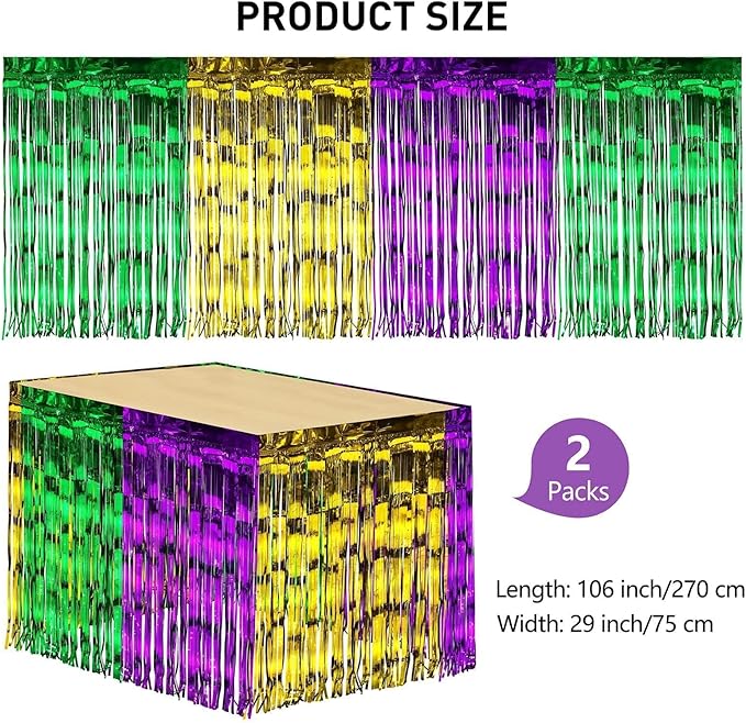 ADXCO 2 Pack Mardi Gras Table Skirts Party Decorations Metallic Foil Fringe Disposable Tinsel Table Skirt Gold Green Purple Banner Garland, 29 x 106 Inches