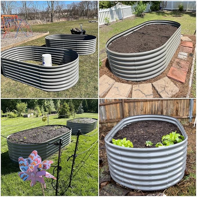 A ANLEOLIFE 6-Set 8X4X2 ft Galvanized Raised Garden Bed Kit, Oval Metal Deep Root Planters for Outdoor Plants, Quartz Grey
