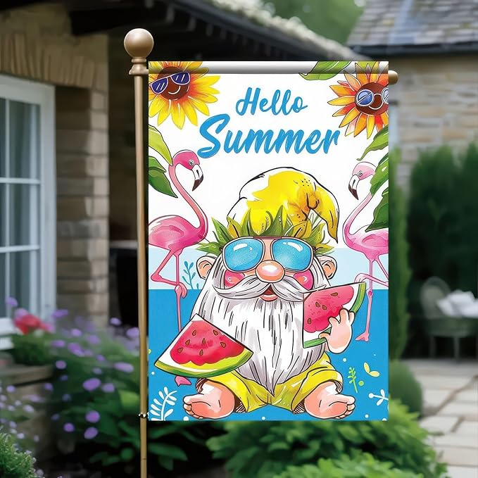 Hello Summer Gnomes Garden Flag Watermelon Flamingos 12x18 Double Sided Hawaii Tropical Beach Holiday Ocean Sea Yard Small Banner for Seasonal Outdoor Party Decoration
