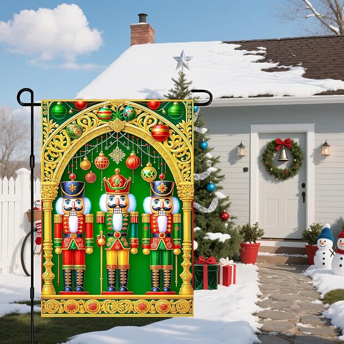 IVN Christmas Nutcracker Garden Flag 12x18 Inches Double Sided Holiday Yard Decor Gold Arch Ornaments Outdoor Garden Porch Lawn Patio