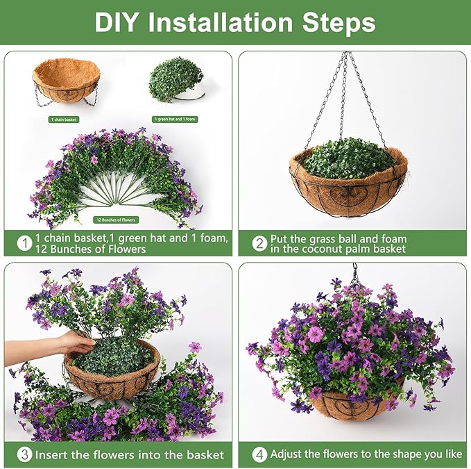 INQCMY Artificial Flowers Hanging Baskets for Outdoors Spring Decor, 12 Bundles Fake Plants Faux Silk Daisy with Eucalyptus Stem UV Resistant for Outside Patio Balcony Garden (Double Purple)