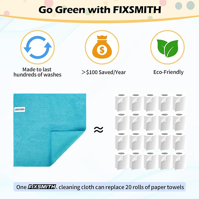FIXSMITH Microfiber Cleaning Cloth, 20 Pack Cleaning Rags, Cleaning Towels for Housekeeping, Kitchen, Car, Lint-Free, Reusable Shop Towels with 5 Colors (Green/Blue/Yellow/Orange/Pink), 12"X12"