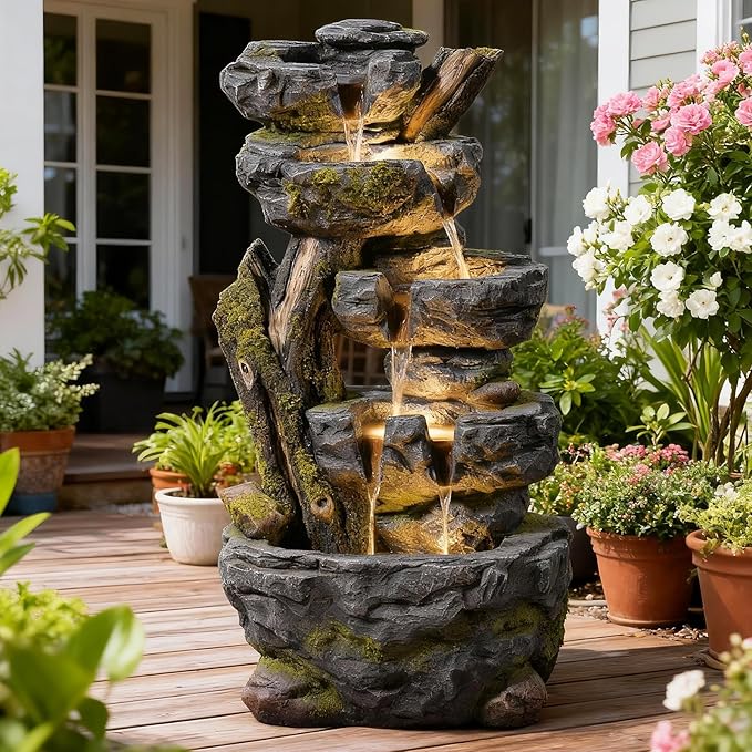 47.2" H Large Water Fountain Outdoor - 5 Tiers Cascade Floor Standing Rock Wood Like Waterfall Fountain with LED Lights for Garden Patio Backyard Porch Home Decor