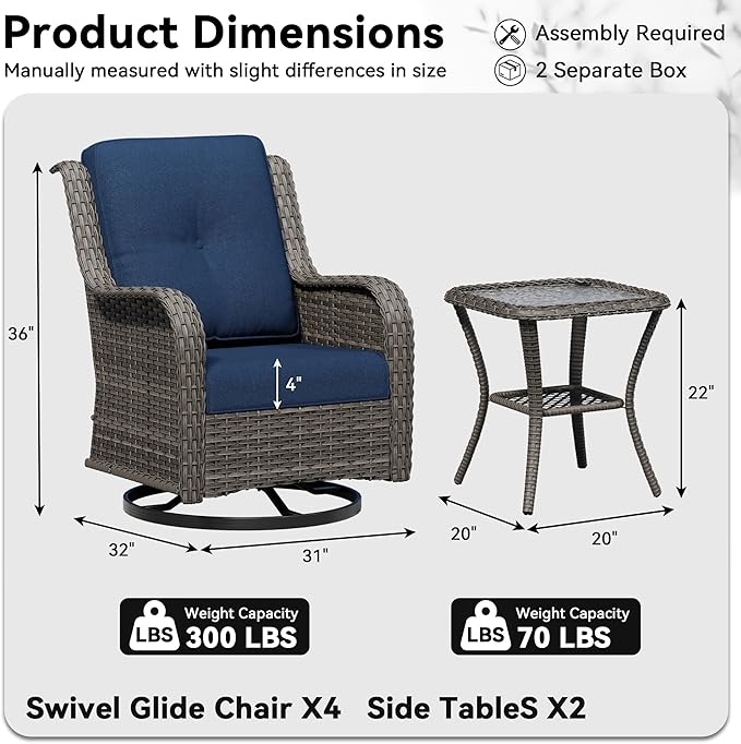 6 Piece Outdoor Wicker Patio Furniture Set, Outdoor Swivel Rocker Patio Chairs Set with Thickened Olefin Cushions, High Back and Deep Seating, Hand-Woven PE Rattan for Porch, Deck