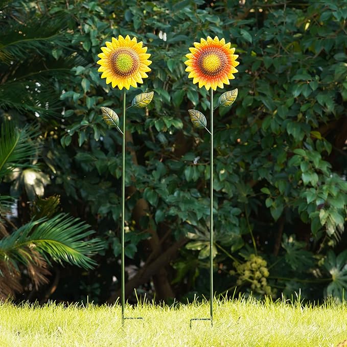 Metal Sunflower Garden Stakes Decor,2 Pack 39" Flower Garden Stake for Outdoor Home Garden Backyard Lawn Pathway Patio Sunflower Sticks Decor