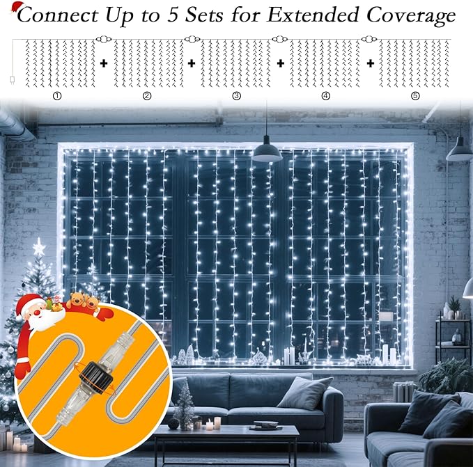 200 LED Curtain String Lights 9.8 * 6.6FT Plug in Fairy with Timer and 8 Modes, Waterproof Window Wall Lights for Bedroom Wedding Party Indoor Outdoor Christmas Decor